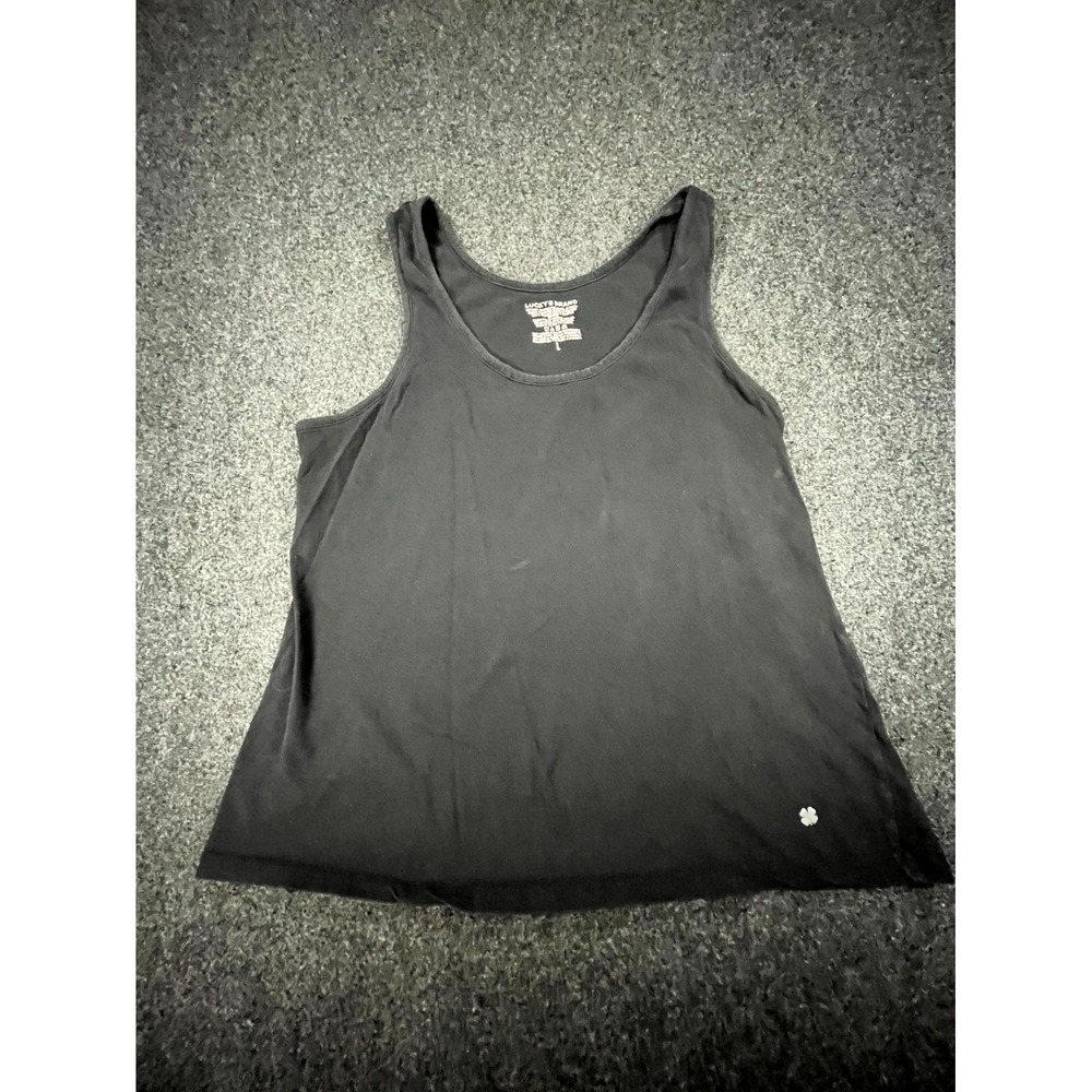Lucky Brand Tank Top Women Large Black Stretch Clover Logo Sleeveless Round Neck